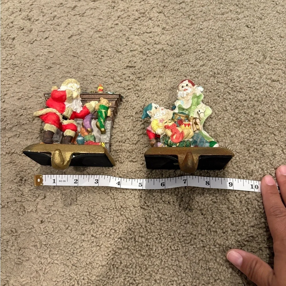 Set of 2 Vintage Heavy Cast Iron Christmas Stocking Mantel Hook Holders Santa